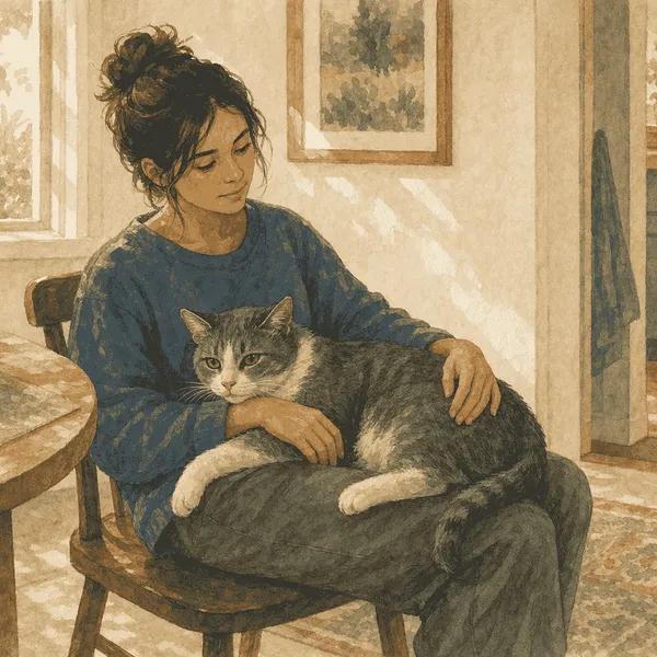 Gray-and-white cat resting across a person's lap in a sunlit breakfast nook.