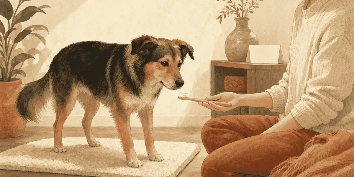 A relaxed dog approaches a toothbrush held low by a seated caregiver beside a veterinary appointment card.