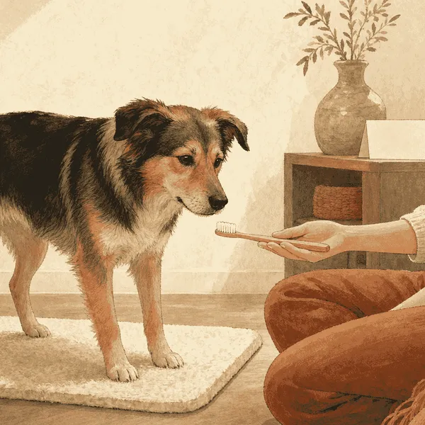 A relaxed dog approaches a toothbrush held low by a seated caregiver beside a veterinary appointment card.