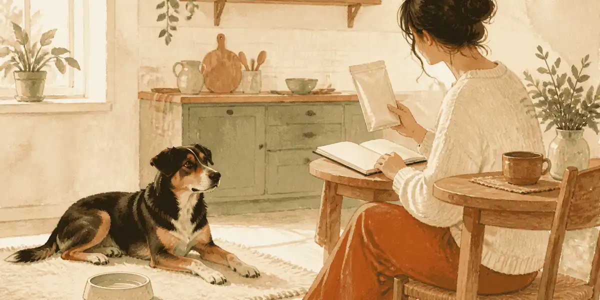 A caregiver reads an unbranded dog-food label beside a calm adult dog and a simple observation notebook.