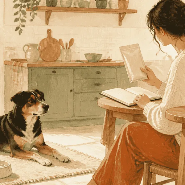 A caregiver reads an unbranded dog-food label beside a calm adult dog and a simple observation notebook.