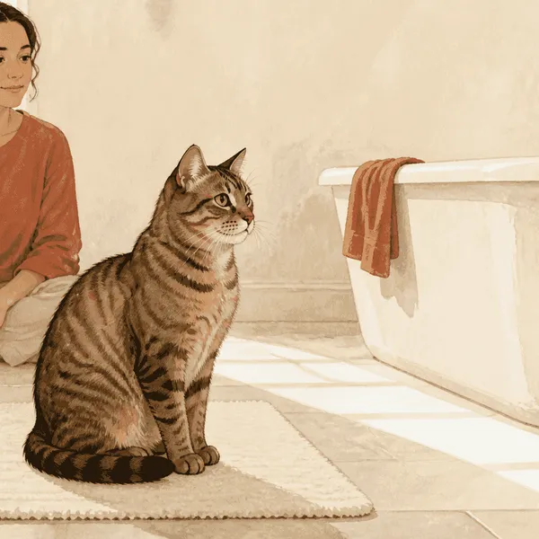 A tabby cat watches a running tap from beside a dry grooming mat while a caregiver waits nearby.