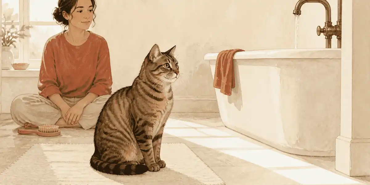 A tabby cat watches a running tap from beside a dry grooming mat while a caregiver waits nearby.