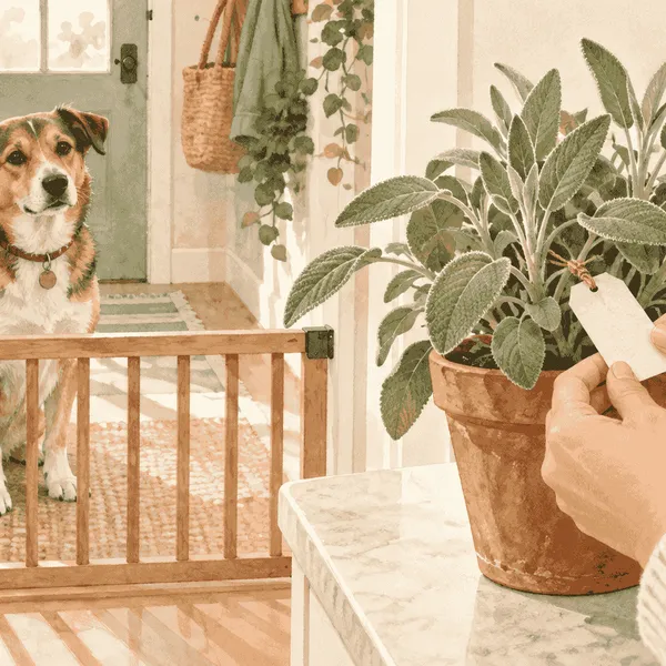 A mixed-breed dog waits behind a low gate while a caregiver checks the label on a potted sage plant.