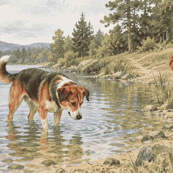 A mixed-breed dog stands at the edge of shallow water while a caregiver holds an unbranded blue fetch toy and a clear path leads back to shore.