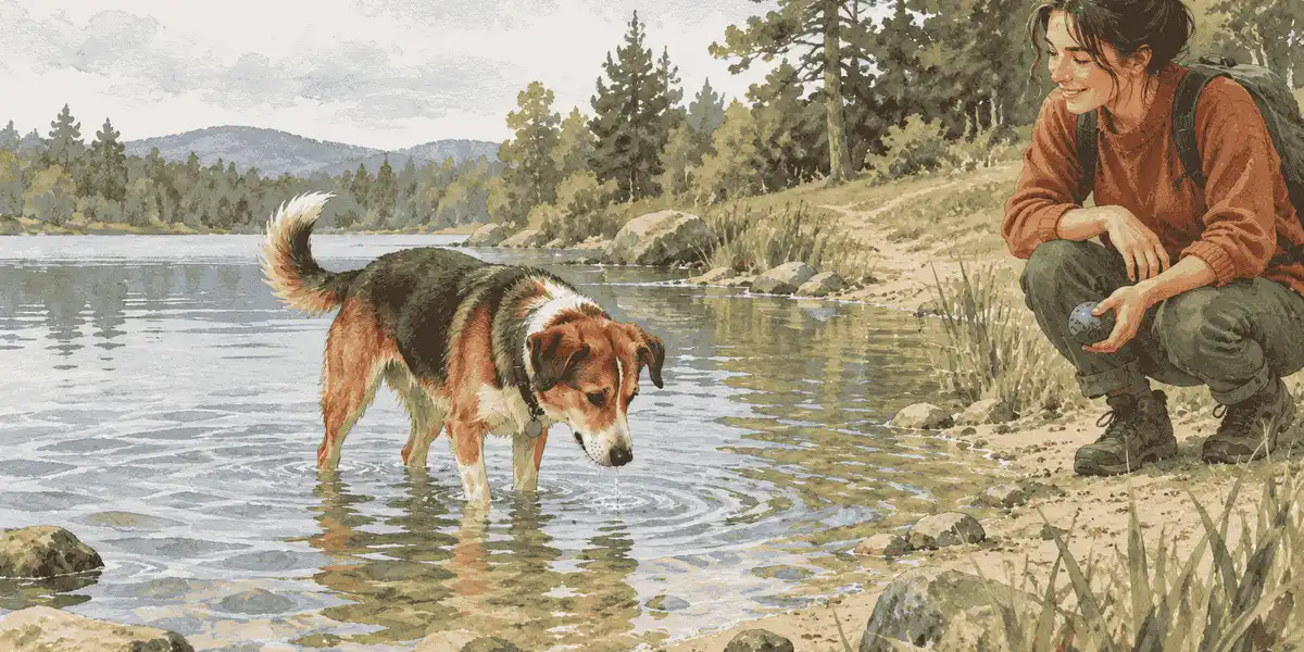 A mixed-breed dog stands at the edge of shallow water while a caregiver holds an unbranded blue fetch toy and a clear path leads back to shore.