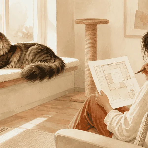 A large long-haired cat rests on a broad window perch while a caregiver plans a calm home setup nearby.
