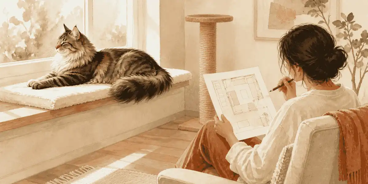 A large long-haired cat rests on a broad window perch while a caregiver plans a calm home setup nearby.