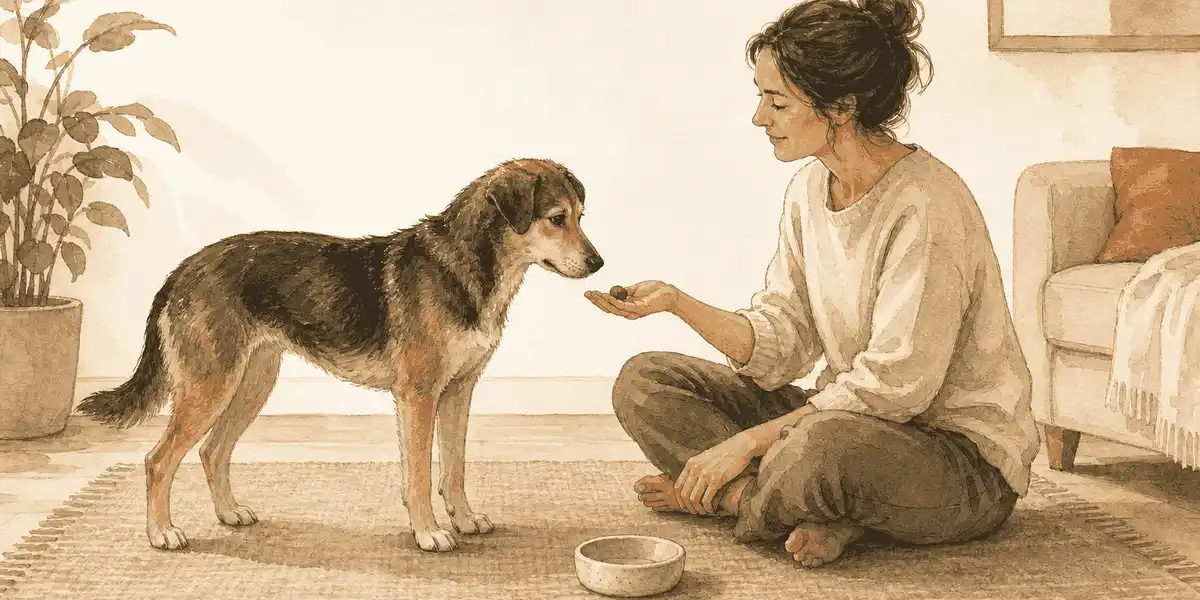 A mixed-breed dog stands on a rug while a seated caregiver offers one treat from an open hand.