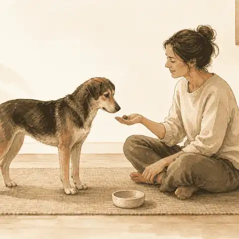 A mixed-breed dog stands on a rug while a seated caregiver offers one treat from an open hand.