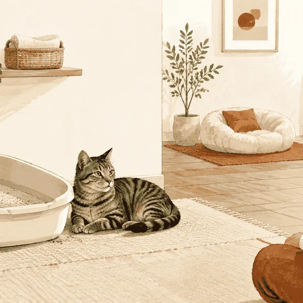 A tabby cat rests beside a clean open litter box while a caregiver observes from a respectful distance.