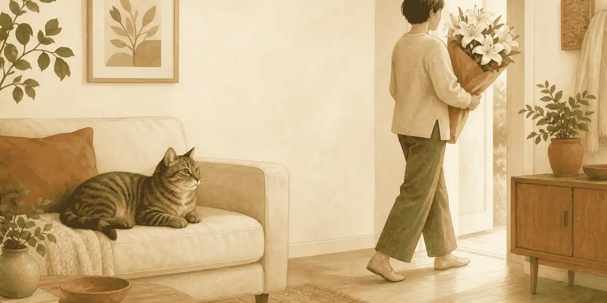 A tabby cat rests on a sofa while a caregiver carries a bouquet of white lilies away from the room.
