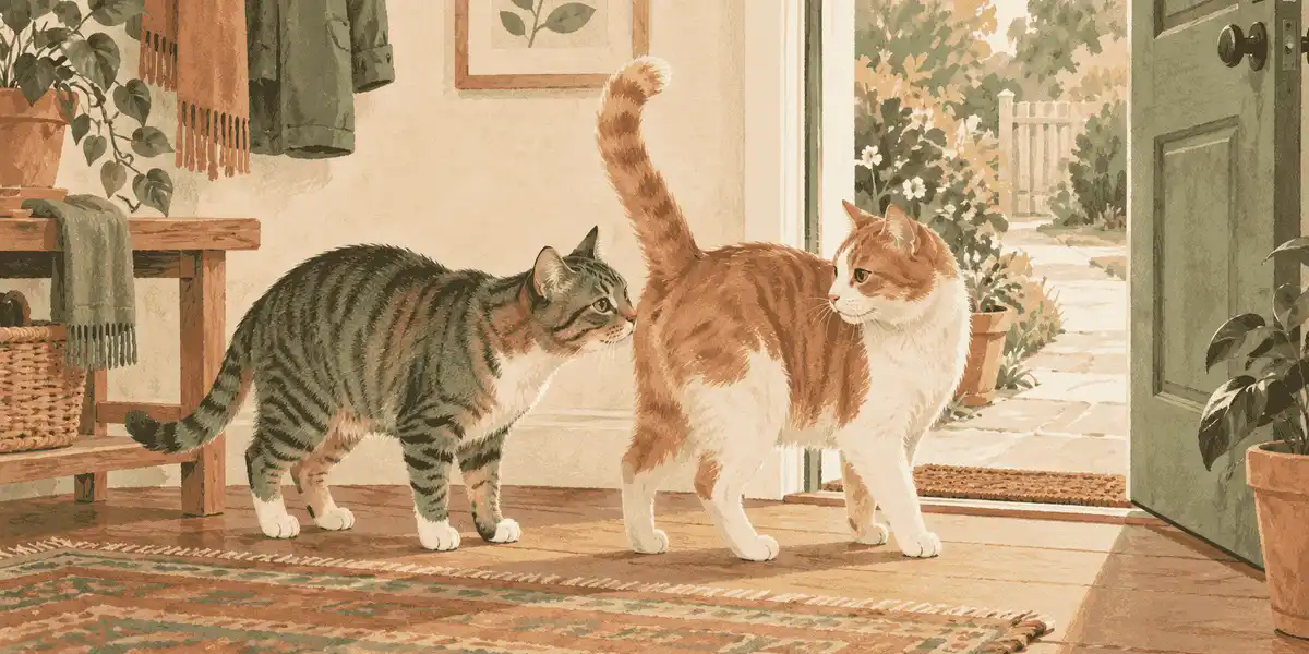 Two cats pause near an open doorway while one investigates the other's scent and both have room to move away.