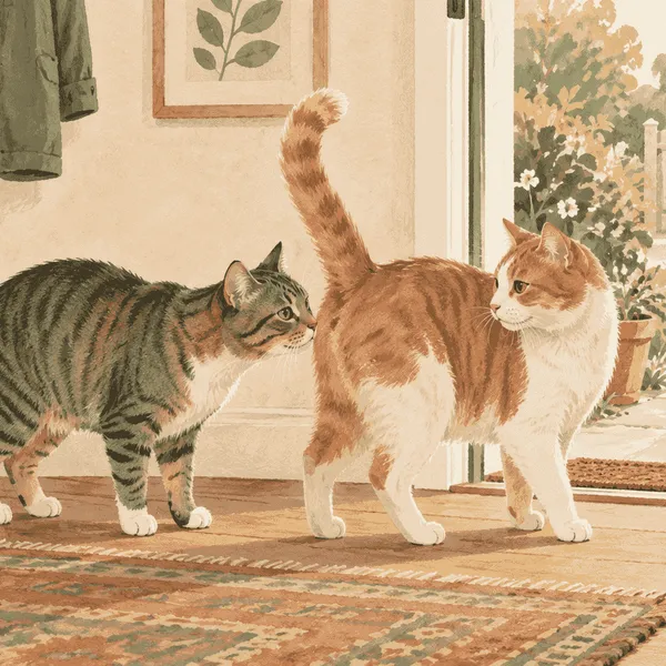 Two cats pause near an open doorway while one investigates the other's scent and both have room to move away.