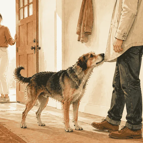 A calm mixed-breed dog pauses near a visitor's lower jacket while the owner leaves a clear path in a sunlit entryway.