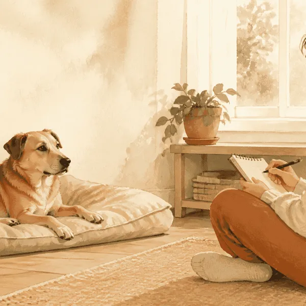 A tan mixed-breed dog rests beside a seated caregiver who records observations in a notebook.