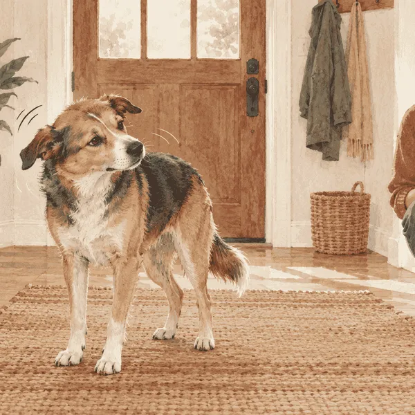 A mixed-breed dog pauses beside a caregiver who is noting a head shake before an ear check.