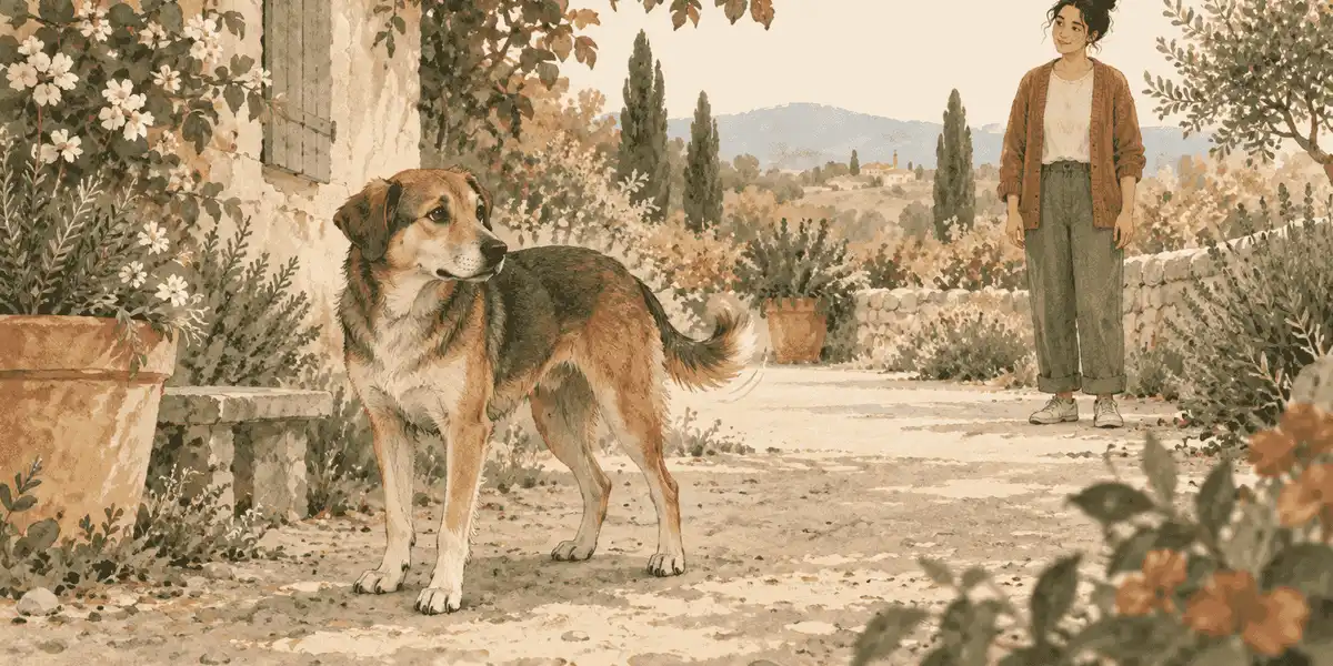 A mixed-breed dog pauses on a garden path while a caregiver gives space and watches the whole body, not just the wagging tail.