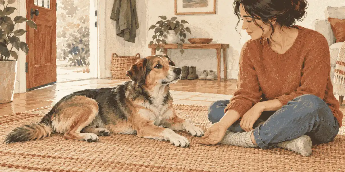 A relaxed mixed-breed dog rests beside a seated caregiver and places one front paw near the caregiver's open hand.