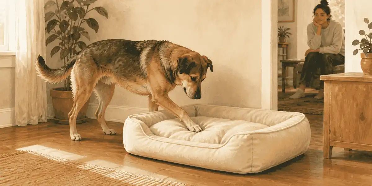 A relaxed mixed-breed dog paws a plain cream bed before settling while a caregiver watches from a respectful distance.