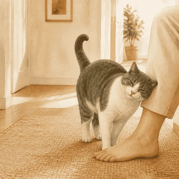 A gray-and-white cat gently rubs its cheek against a seated caregiver's ankle in a sunlit hallway.