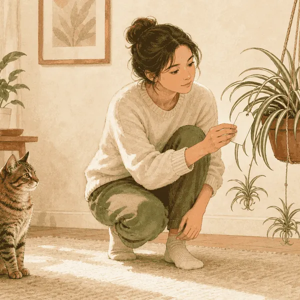 A tabby cat sits beside a hanging spider plant while a caregiver reads the plant's botanical label.