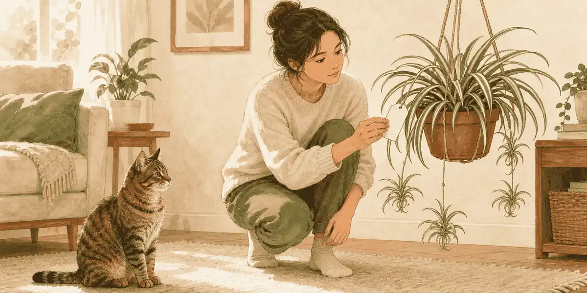 A tabby cat sits beside a hanging spider plant while a caregiver reads the plant's botanical label.