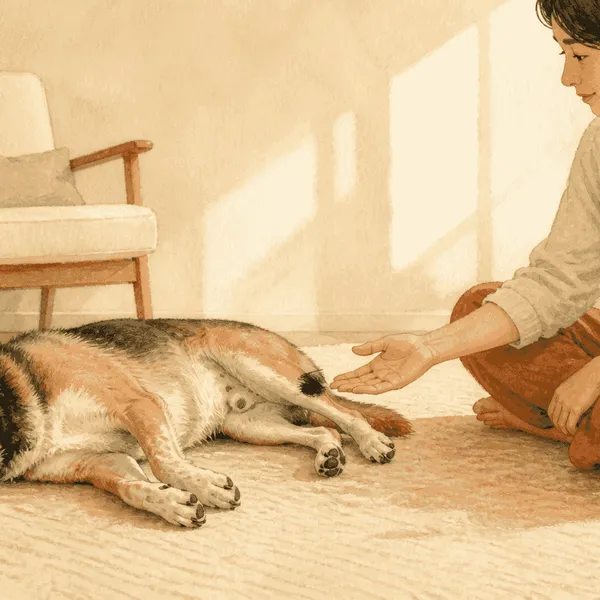 A mixed-breed dog lies on its side on a rug while a seated caregiver pauses with an open hand near the dog's belly.