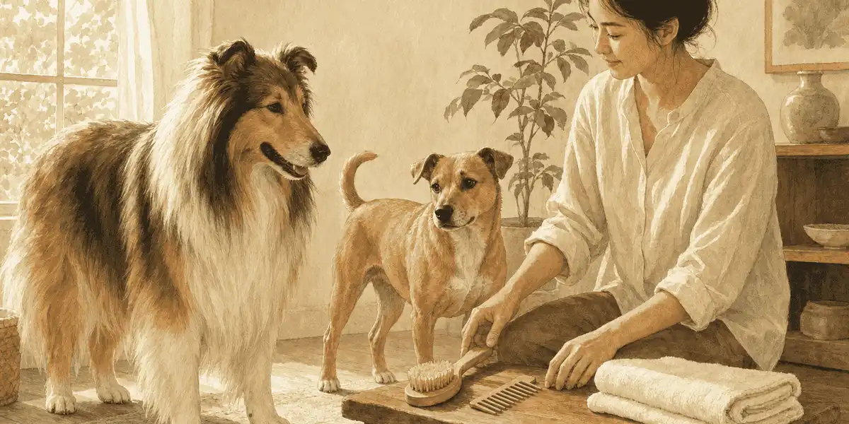 Two calm dogs with different coat types stand beside a seated caregiver preparing a brush, comb, and folded towels.