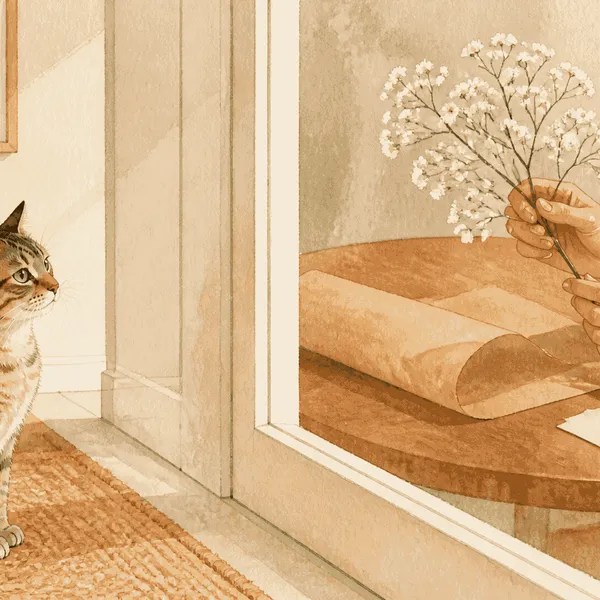 A tabby cat sits beside a closed glass door while a caregiver holds a baby's-breath sprig at a table.