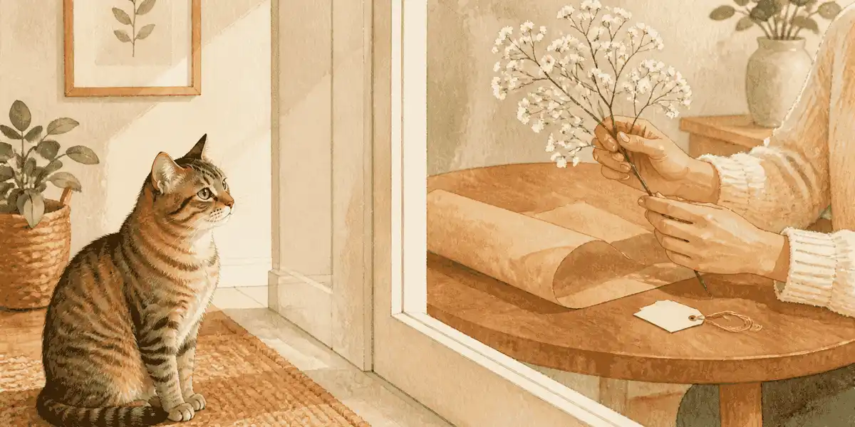 A tabby cat sits beside a closed glass door while a caregiver holds a baby's-breath sprig at a table.