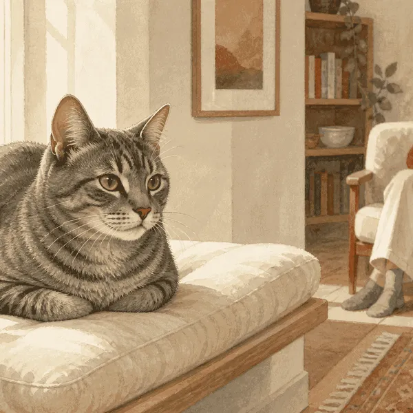 A gray tabby cat rests with its paws tucked under on a cream window perch while a caregiver observes from a distance.