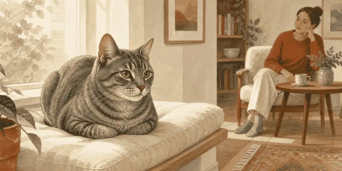 A gray tabby cat rests with its paws tucked under on a cream window perch while a caregiver observes from a distance.