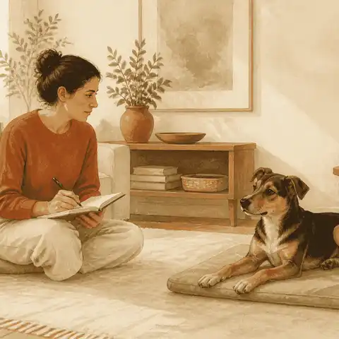 A caregiver sits beside a relaxed dog in a quiet living room, writing observations while an unopened treat pouch rests on a side table.