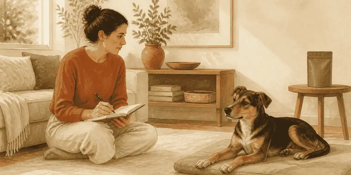 A caregiver sits beside a relaxed dog in a quiet living room, writing observations while an unopened treat pouch rests on a side table.