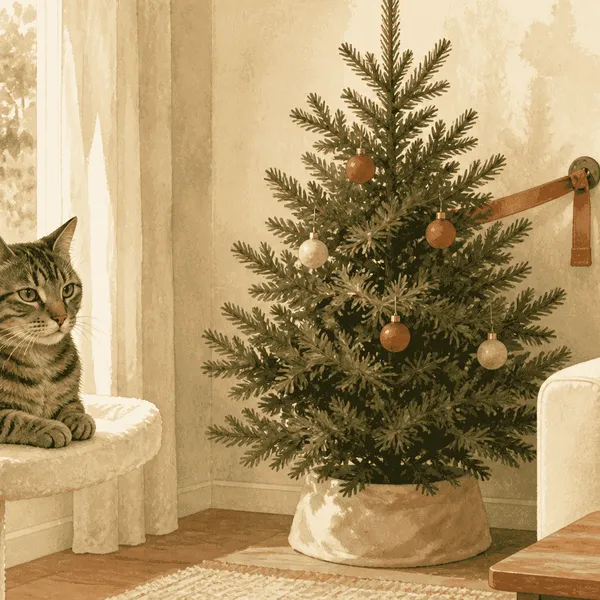 A tabby cat rests on a nearby perch while a securely anchored Christmas tree stands in a softly lit living room.