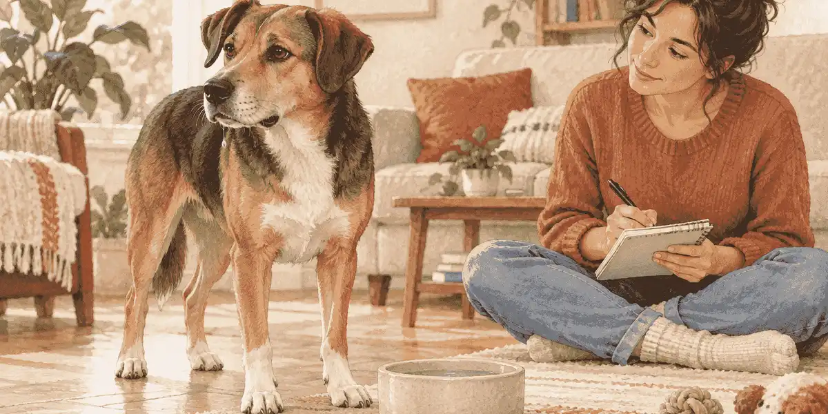A mixed-breed dog pauses beside a water bowl while a caregiver quietly records a drooling observation.