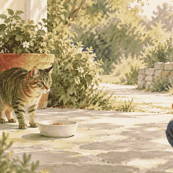 A cautious tabby cat pauses beside a clean bowl on a quiet porch while a finder watches from a respectful distance.