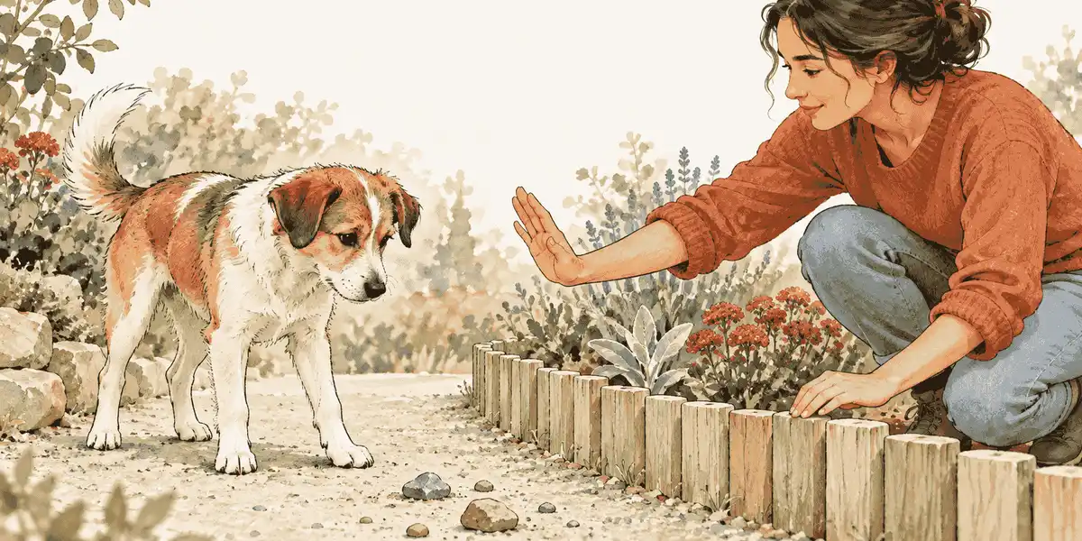 A caregiver calmly keeps a young dog away from loose rocks beside a garden path.