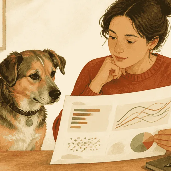 A calm mixed-breed dog sits beside a warm paper chart while a caregiver reviews a longevity table.