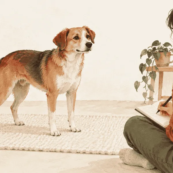 A caregiver observes a calm dog standing on a cream mat while noting changes in movement and posture.