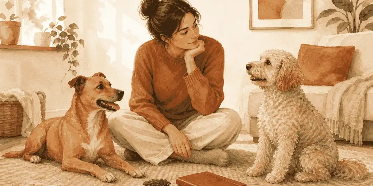 A prospective caregiver calmly meets two dogs with different coat textures beside a grooming brush and a small planning notebook.