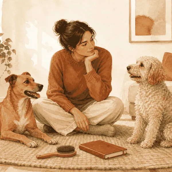A prospective caregiver calmly meets two dogs with different coat textures beside a grooming brush and a small planning notebook.