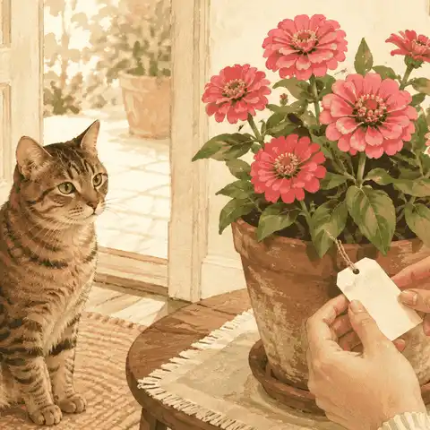 A caregiver checks a zinnia plant label while a cat watches from behind an open doorway in a warm, uncluttered room.