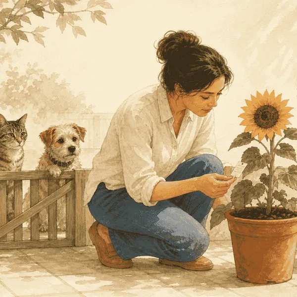 A tabby cat and a small dog sit behind a low gate while their caregiver checks a sunflower nursery label.