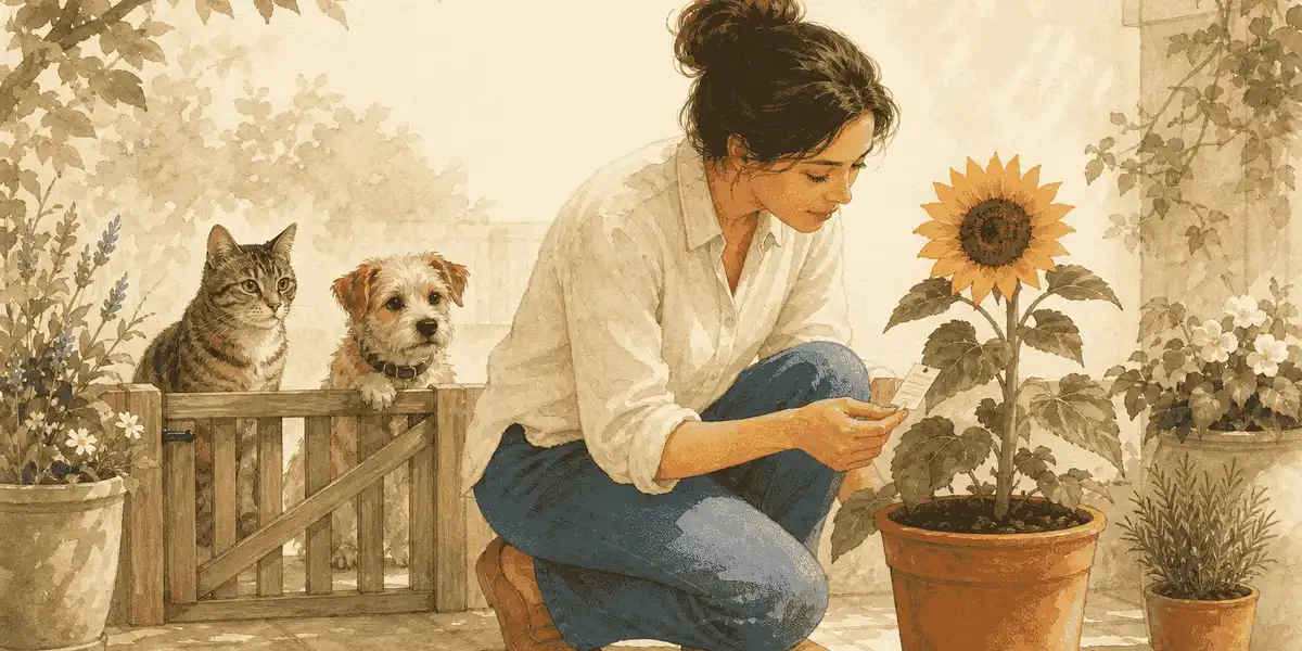 A tabby cat and a small dog sit behind a low gate while their caregiver checks a sunflower nursery label.