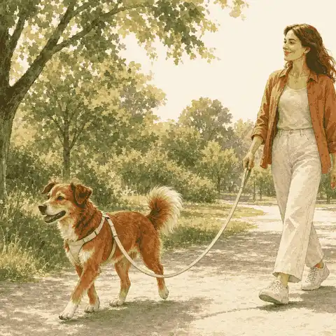 A chestnut-and-cream dog walks on a slack leash beside a caregiver on a sunny park path.