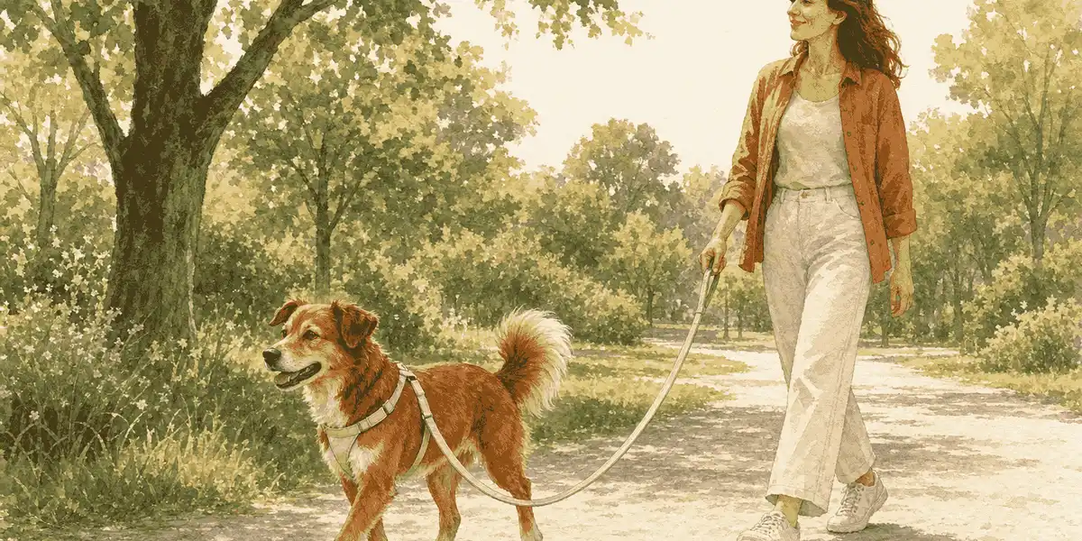 A chestnut-and-cream dog walks on a slack leash beside a caregiver on a sunny park path.