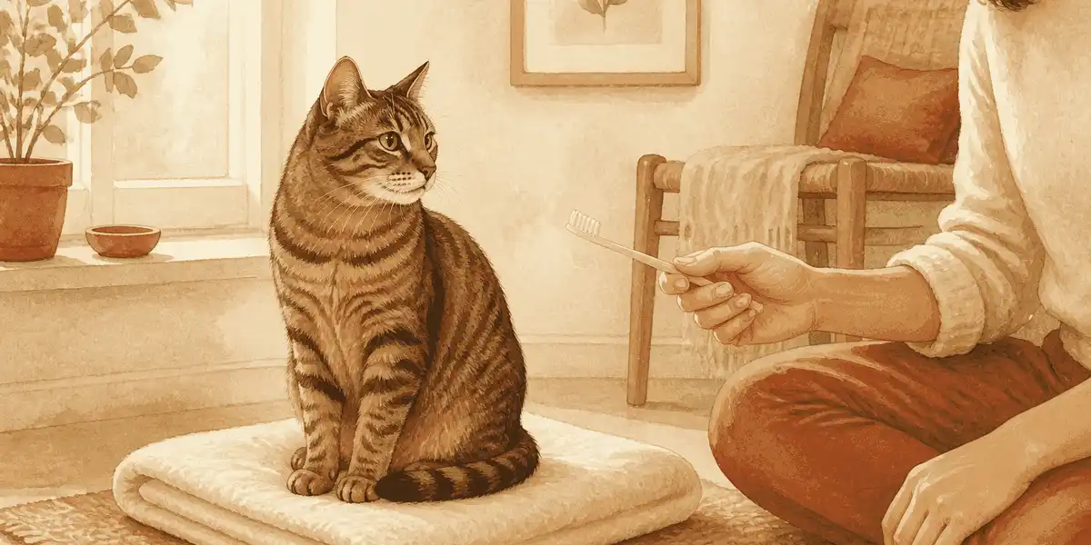 A tabby cat sits on a cream towel while a caregiver offers a toothbrush at a comfortable distance.