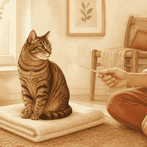A tabby cat sits on a cream towel while a caregiver offers a toothbrush at a comfortable distance.